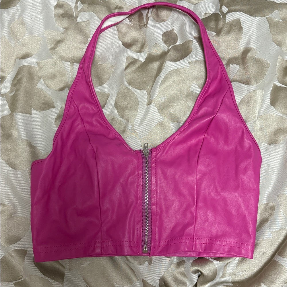 Pink Halter Crop Top with Zipper
